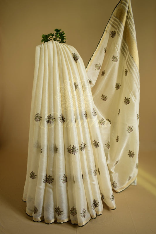 Somaangi – Ivory Chanderi Tissue Saree with Thread Buttas