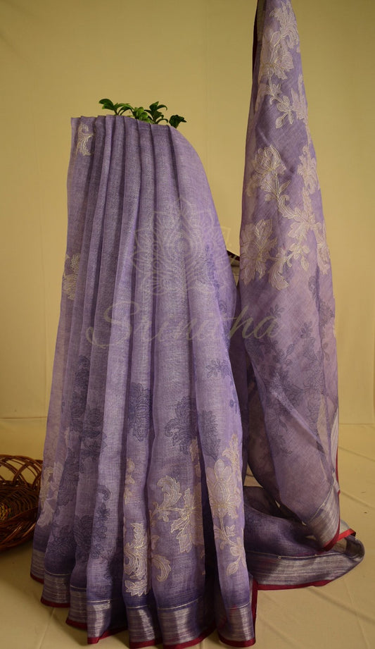 Lavanyika – Lavender Linen Tissue Saree with Ari-Style Floral Embroidery