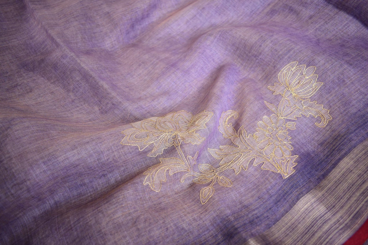 Lavanyika – Lavender Linen Tissue Saree with Ari-Style Floral Embroidery