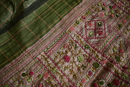Vanalatha – Olive Green Tussar Saree with Hand Embroidered Pallu