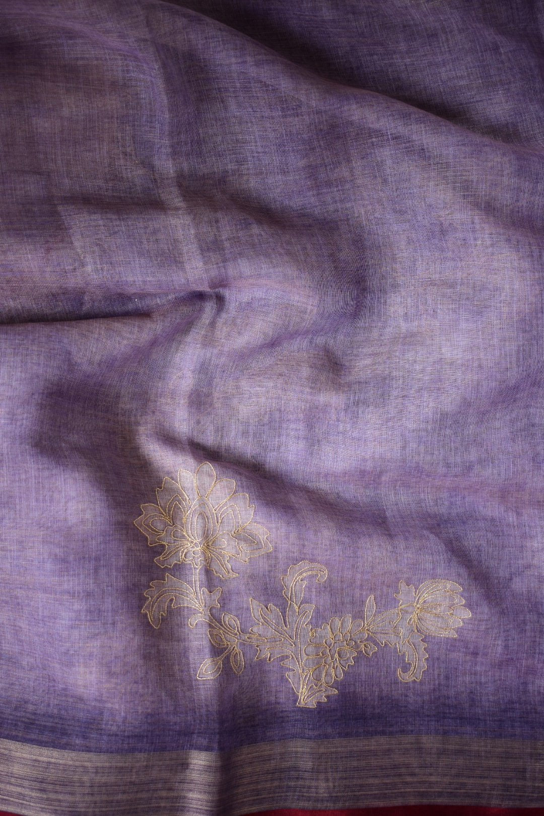 Lavanyika – Lavender Linen Tissue Saree with Ari-Style Floral Embroidery