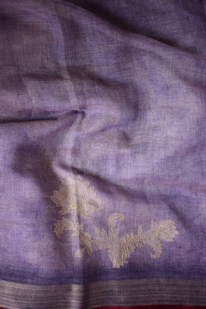 Lavanyika – Lavender Linen Tissue Saree with Ari-Style Floral Embroidery