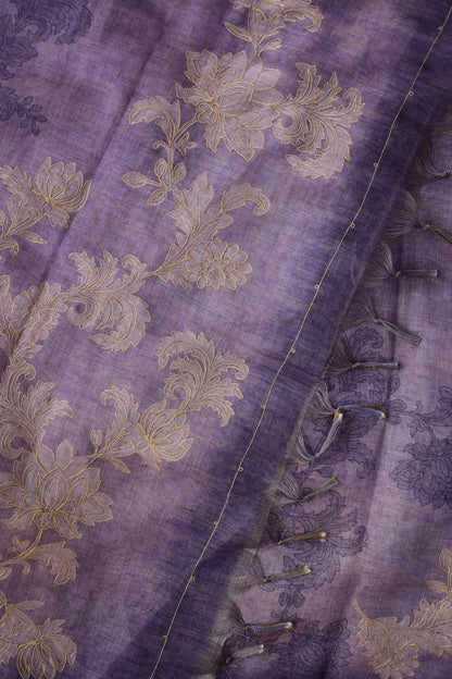 Lavanyika – Lavender Linen Tissue Saree with Ari-Style Floral Embroidery