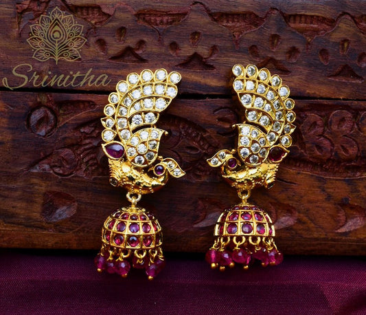 Mayūra Leela Jhumkas – Petite Peacock with Ruby Dome