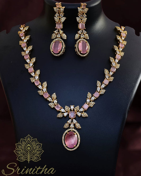 Marakata Līlā Roja Set – Blush Pink Square-Stone AD Necklace with Matching Earrings