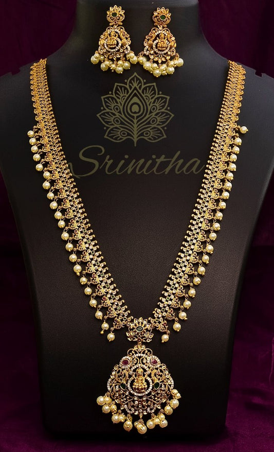 Mahalakshmi Svarṇa Set – Long Temple Necklace with Pearls