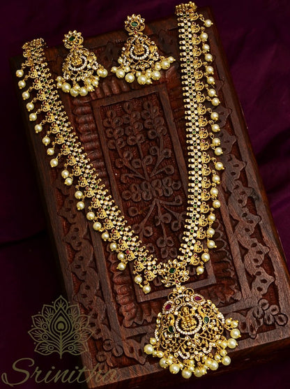 Mahalakshmi Svarṇa Set – Long Temple Necklace with Pearls