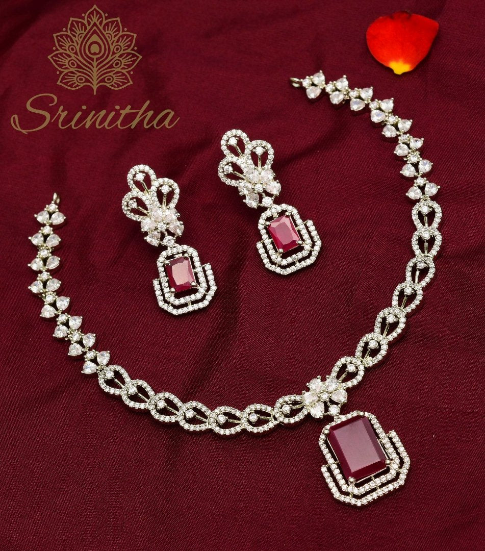 Raktamaṇi Set – Ruby Red AD Necklace with Matching Earrings