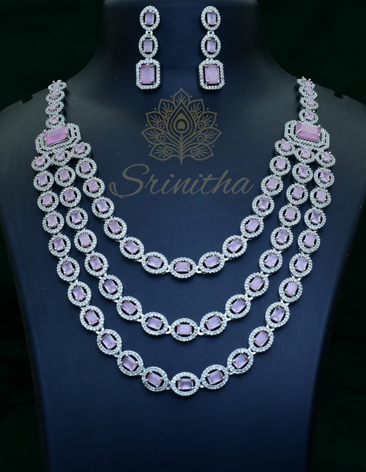 Tārasvini Set – Blush Three-Layered Stone Necklace in Silver Finish
