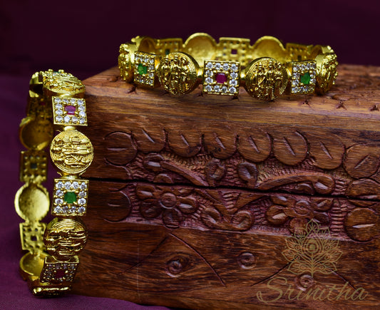 Rasārṇava – Temple Coin Bangles with Ruby & Emerald Accents