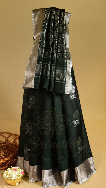 Deep Forest – Pure Uppada Soft Silk with Silver Zari Rich Pallu