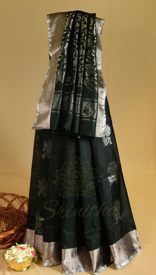 Deep Forest – Pure Uppada Soft Silk with Silver Zari Rich Pallu