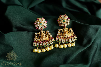 Divyalakshmi Jhumkas – Temple Motif with Pearl Danglers