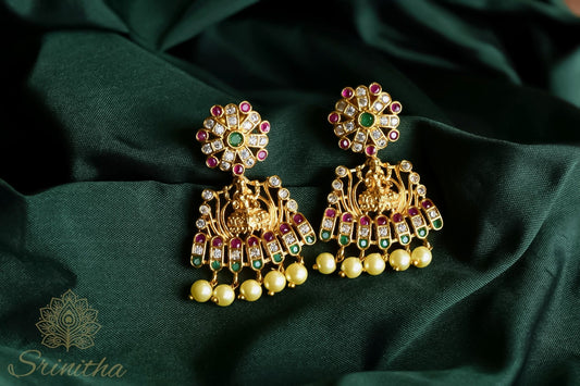 Divyalakshmi Jhumkas – Temple Motif with Pearl Danglers