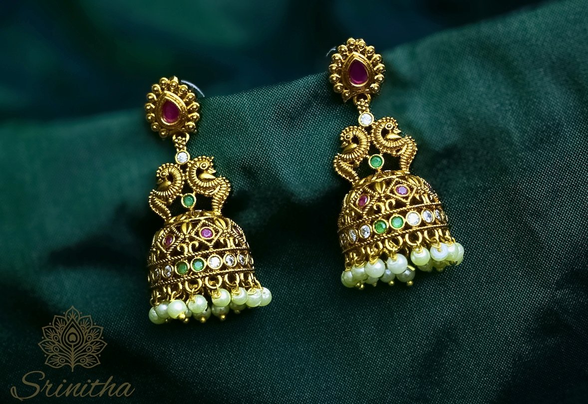 Rasika Jhumkas – Antique Finish with Pearl Drops