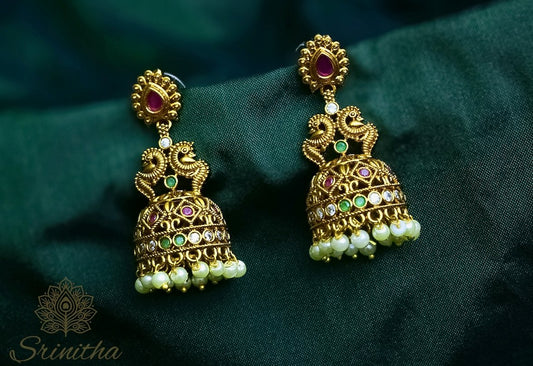 Rasika Jhumkas – Antique Finish with Pearl Drops