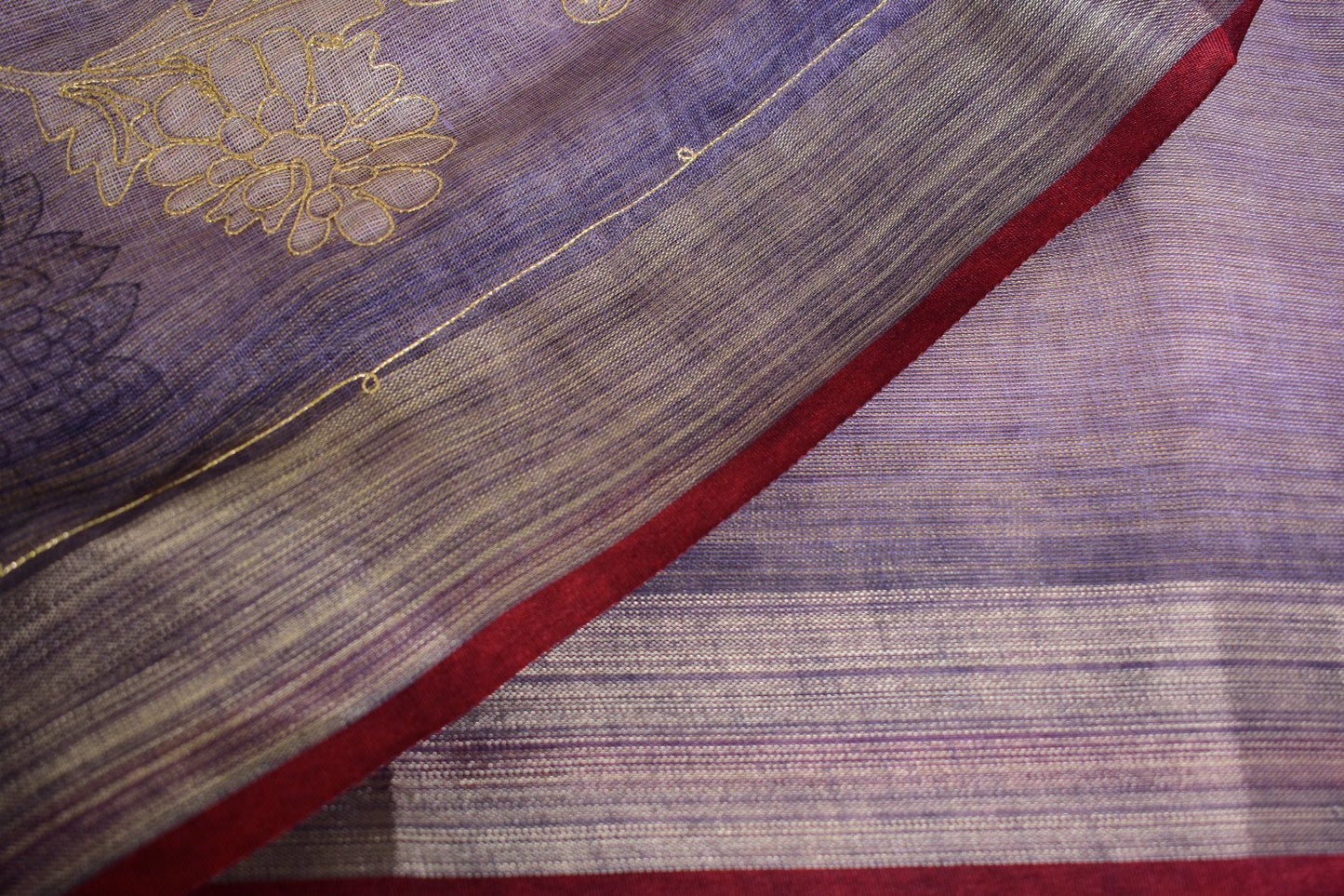 Lavanyika – Lavender Linen Tissue Saree with Ari-Style Floral Embroidery