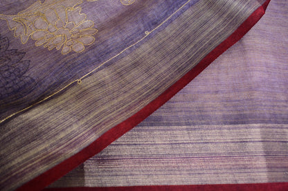 Lavanyika – Lavender Linen Tissue Saree with Ari-Style Floral Embroidery