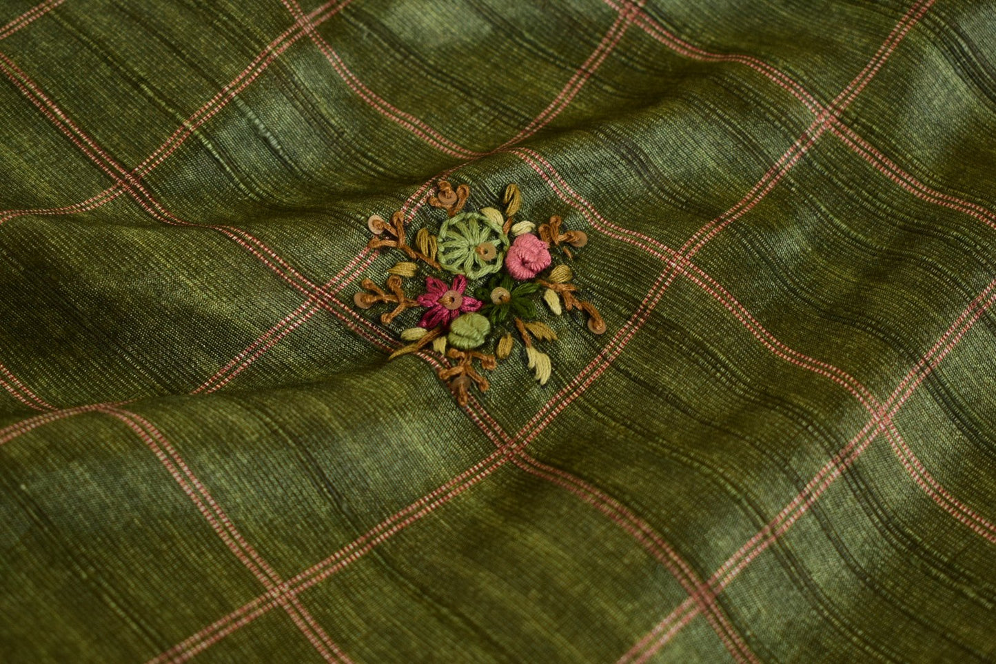 Vanalatha – Olive Green Tussar Saree with Hand Embroidered Pallu