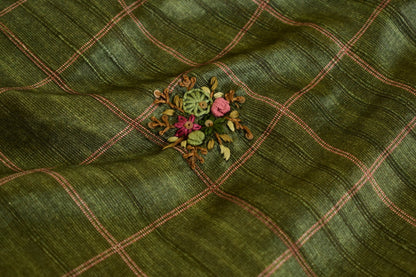 Vanalatha – Olive Green Tussar Saree with Hand Embroidered Pallu
