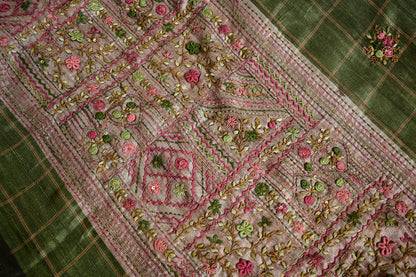 Vanalatha – Olive Green Tussar Saree with Hand Embroidered Pallu