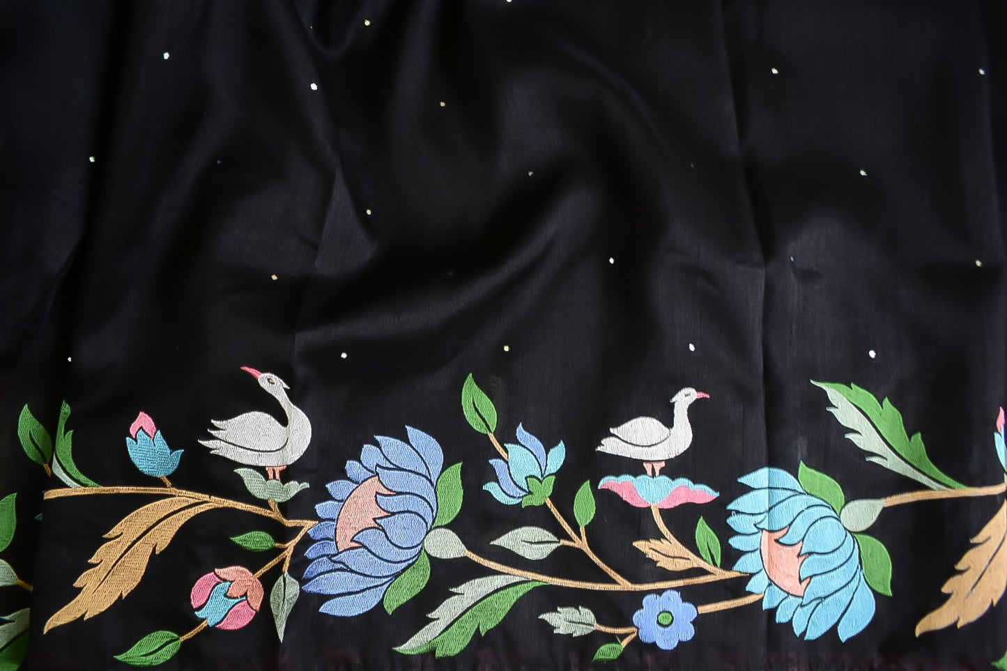 Krishnaja – Tussar Silk in Midnight Black with Floral Meena Vines